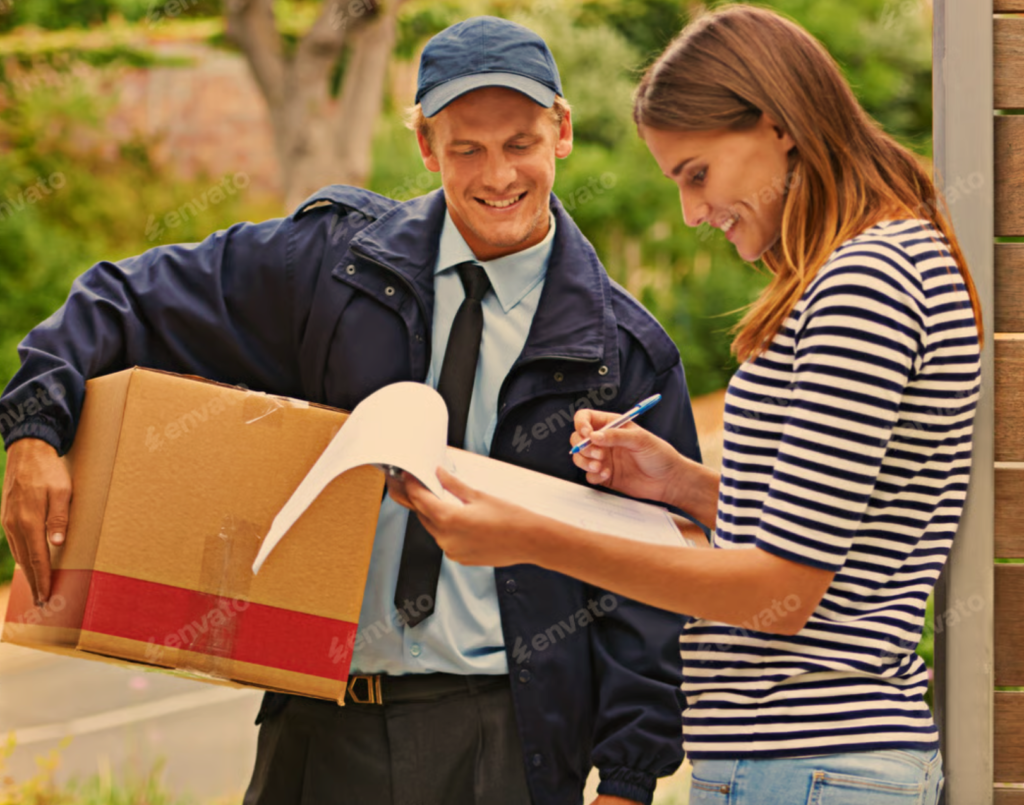 Plymouth, Massachusetts homeowner signing for a New Homeowner Registry gift box delivery at her front door

